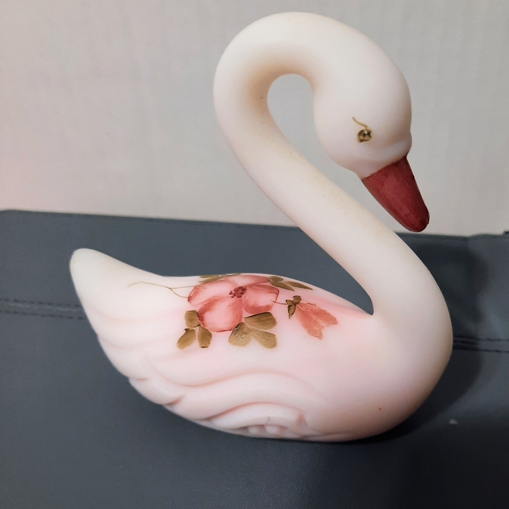 Fenton Glass Satin Rosalene Pink Swan Figurine Hand Painted Artist Signed